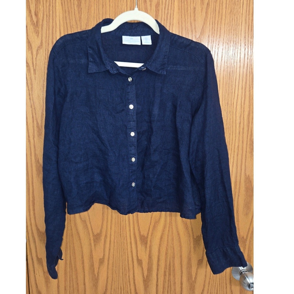 Cynthia Rowley Navy Blue 100% Linen Cropped Button Down Shirt Womens Large
